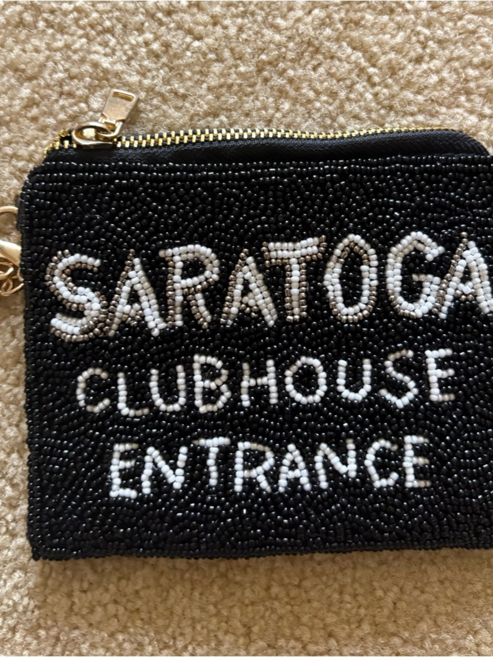 Black 'Saratoga Clubhouse Entrance' Beaded zip pouch with chain